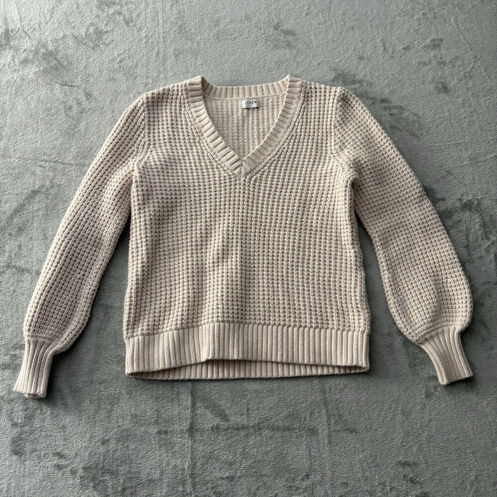 J.CREW Women's Beige Waffle-Knit V-Neck Pullover Sweater 100% Cotton M